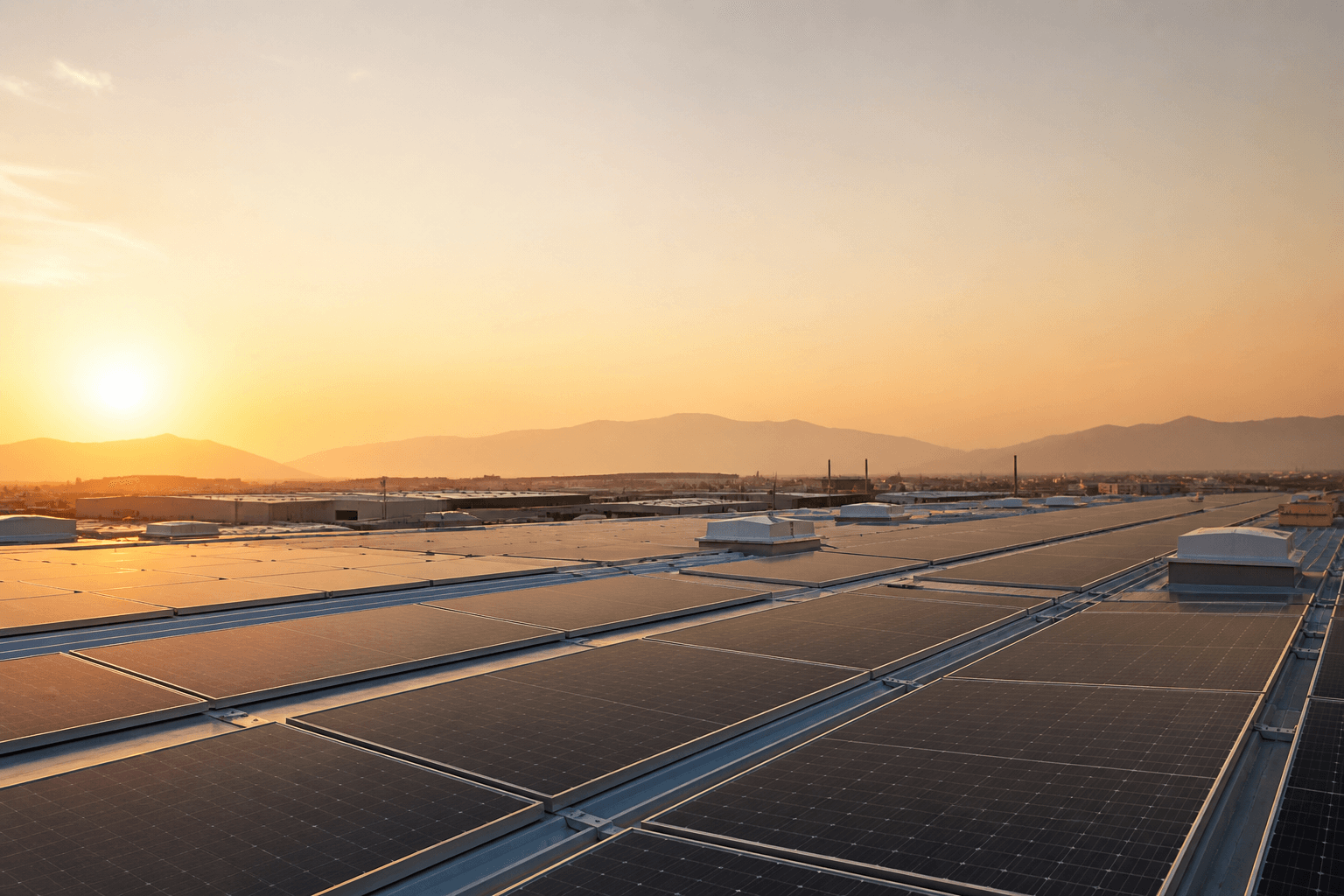 Commercial rooftop solar installation at sunrise
